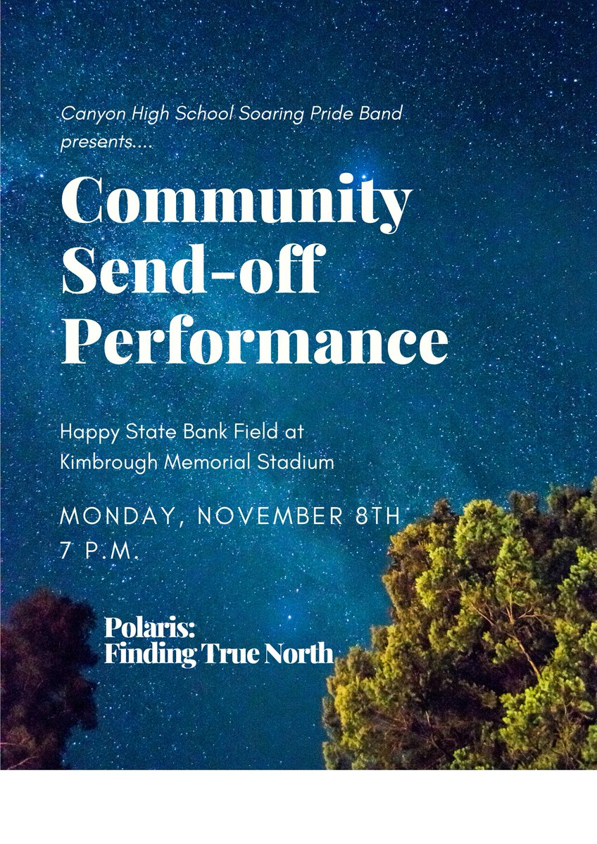 Check out this last performance from our outstanding band:
<a href="/SoaringPride/">Canyon High Band</a> <a href="/CanyonISD/">Canyon ISD</a>
