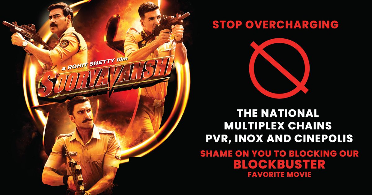ImDhvij's tweet photo. It’s a ticking time bomb for the Sooryavanshi team as the release is merely 12 hours away. Why is this bias, the National chains of multiplexes is doing with Bollywood #BollywoodNeglected https://t.co/U624D6OFxY
