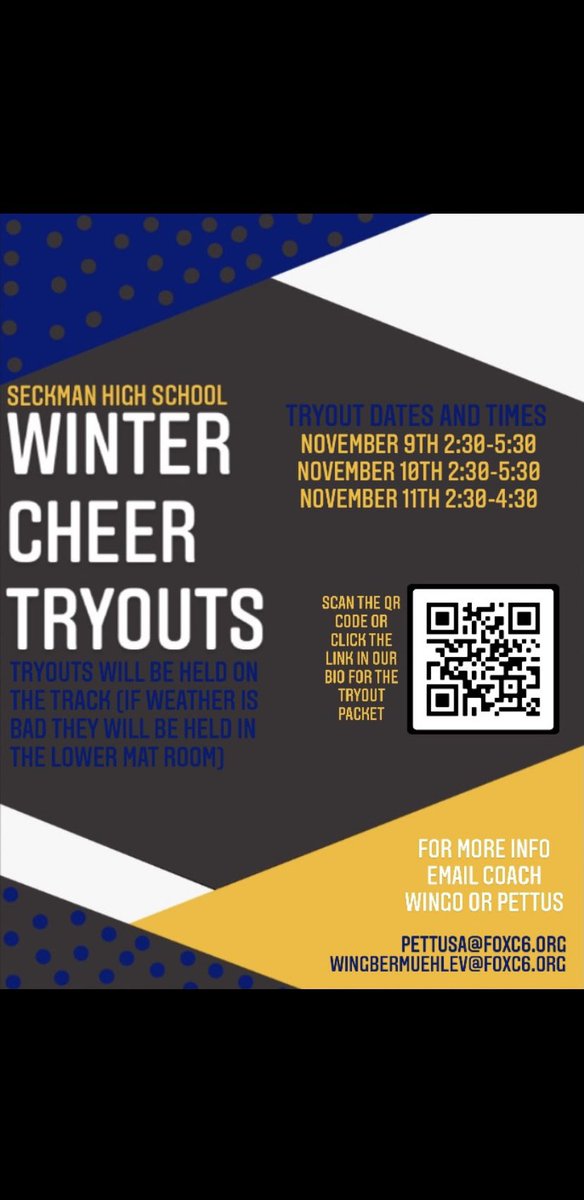Winter cheer tryouts are finally here!!! Scan the QR code or click the link to fill out the tryout packet!!! We are so excited to see some new and familiar faces at tryouts💙💛  docs.google.com/forms/d/e/1FAI…