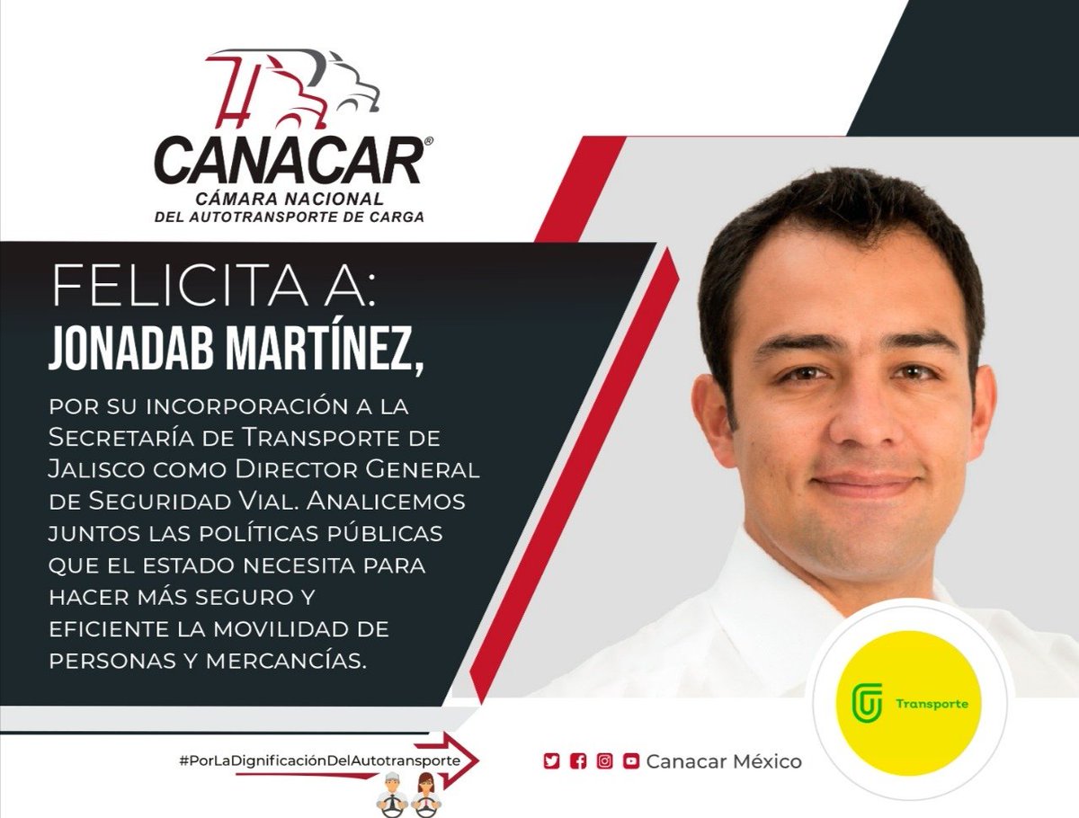 CANACAR_ROccdte's tweet image. Los empresarios del autotransporte de carga felicitamos por su designación como director general de Seguridad Víal en la Secretaría de @TransporteJal a @JonadabMartinez 
@MonrazDiego 
@GobiernoJalisco