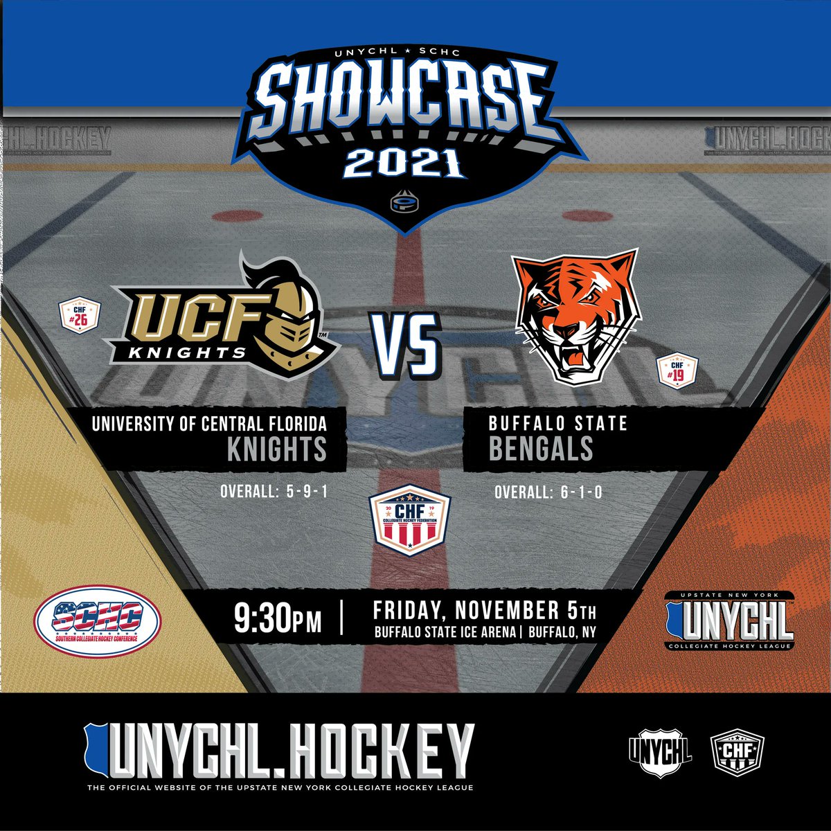 unychl's tweet photo. The UNYCHL*SCHC Showcase nightcap features @icehockeyatucf against @BSCClubHockey, #26 and #19 respectively in CHF rankings. Faceoff is scheduled for 9:30pm and will be streamed on Buffalo State Club Hockey's youtube Channel. Link will be provided.
@unychl @CHFhockey @SCHCHockey https://t.co/rFVMXZZsCy