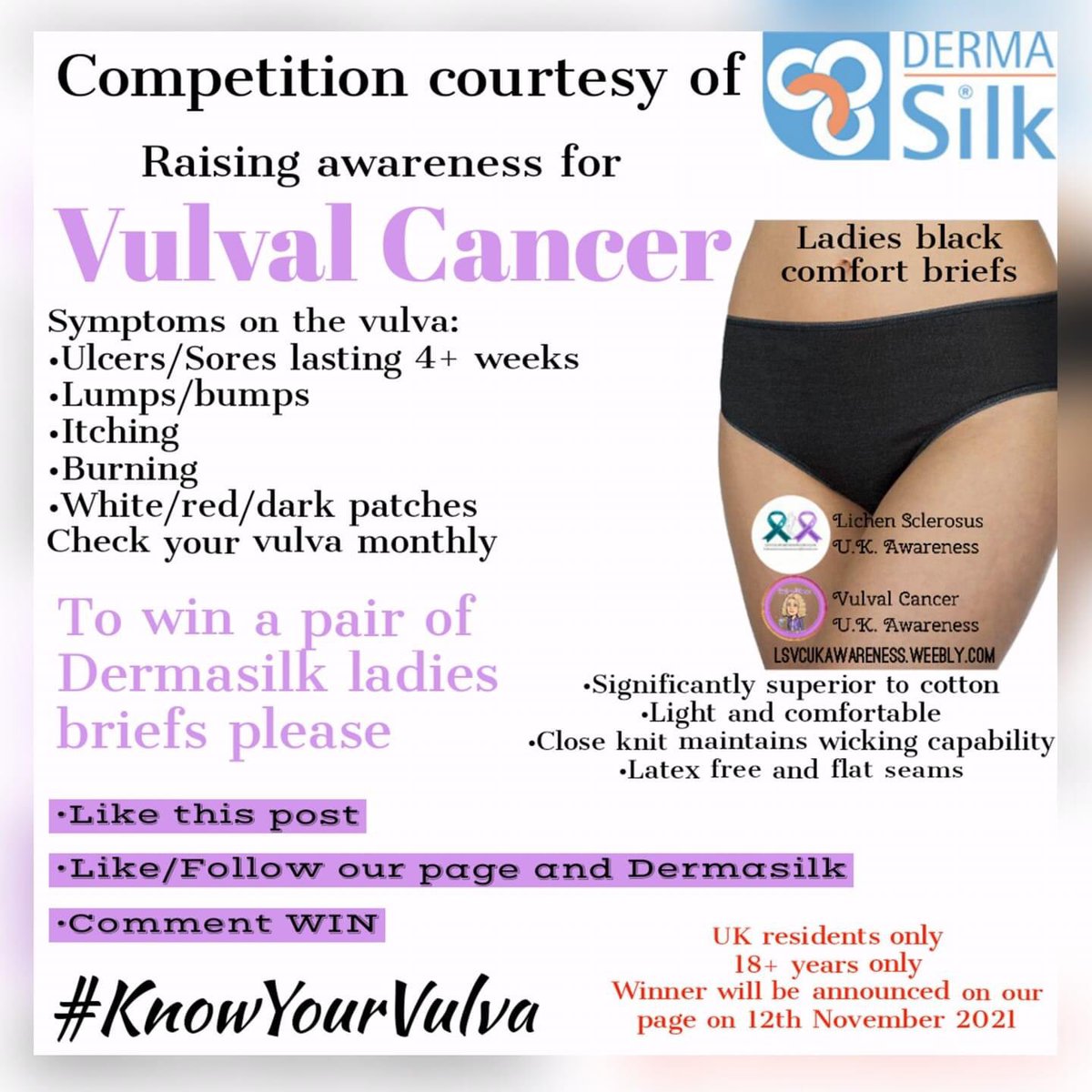 VulvalCancerUK's tweet photo. To take part in our #KnowYourVulva #VulvalCancer giveaway head over to our Facebook or Instagram page to win a pair of @DermaSilkIntimo briefs 

https://t.co/uG1YfCUB9b
https://t.co/41yEnOeDci https://t.co/Mr7ayX5j9o