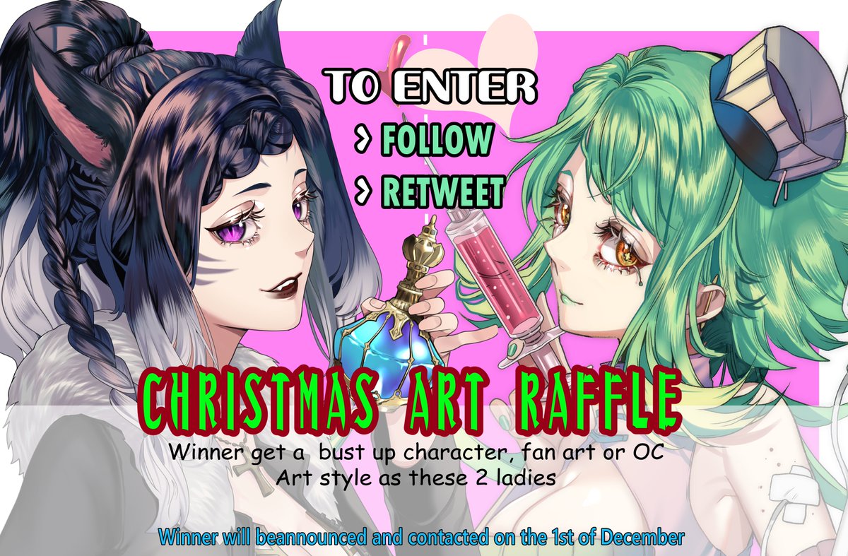Jin_amberx's tweet photo. ♥Chirstmas Art Raffle (*´∀`)~♥
Winner will get
♡ A chest up character of your choice
 (I will change it to Christmas-themed)

♡ Follow 
♡ Retweet to enter

♡ Raffle ends on November 30th, Art will be done and sent to the winner before Christmas! https://t.co/20BWsgfN5A