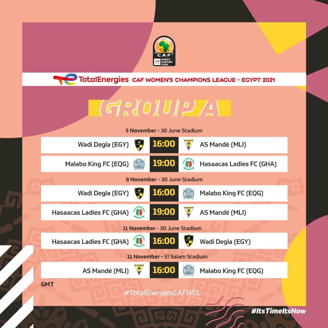 CAFwomen's tweet photo. It’s nearly time for the historical event! ⏳

Here are all the #TotalEnergiesCAFWCL group stages matches. 👇 https://t.co/kV7iAK9qDR