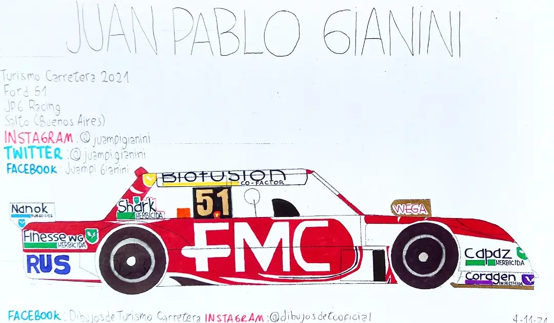 DibujosdeTC's tweet photo. Hoy nos ponemos en #modomoto y nos subimos al Ford del @equipojpgracing que conduce el histórico @juampigianini el piloto de Salto que corre en el TC hace casi 20 años y con tres triunfos en su haber. https://t.co/fmVRvtVZTa