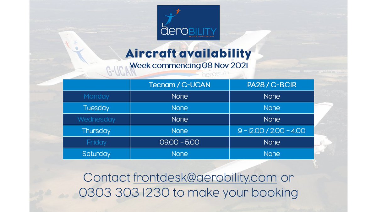 Aerobility's tweet photo. Come fly with us next week! Here are details of aircraft availability for week commencing Monday 8 November at Blackbushe. Please get in touch if you fancy leaving the earth for a while! ✈️

#takeaflight #whatcanido #experienceflight #independence #senseofachievement #blackbushe https://t.co/Q9TkKVXTqv