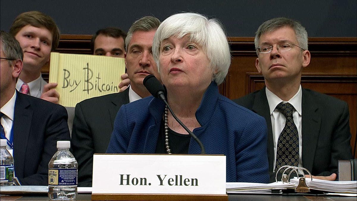 The Buy #Bitcoin sign was shown during Yellen's testimony to Congress in 2017 with a price of $2,329.

$BTC is up 2,562% since.