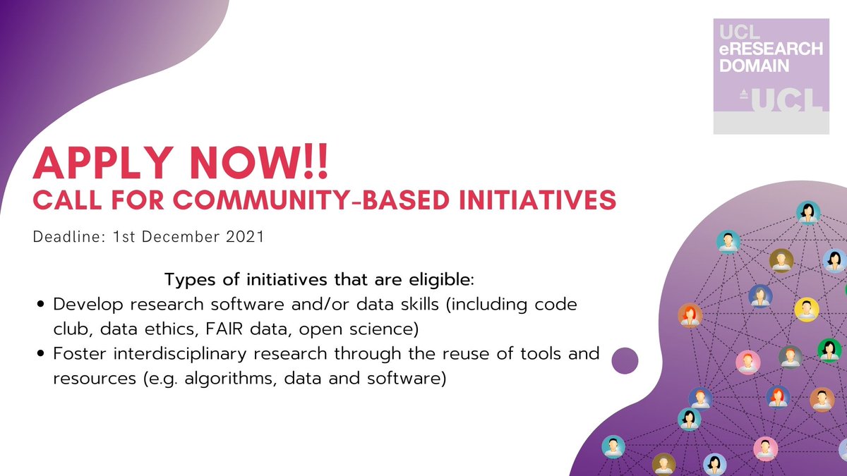 eResearch UCL (@eresearch_ucl) on Twitter photo 🚨Applications are now open for the <a href="/eResearch_UCL/">eResearch UCL</a> Community Based Initiative scheme!
Deadline: 1 December 2021
Open to PhD students, researchers and research technical professionals #RSE #devOps #DataManager #ResearchData #FairData #OpenScience
ucl.ac.uk/research/domai… 🚨Applications are now open for the <a href="/eResearch_UCL/">eResearch UCL</a> Community Based Initiative scheme!
Deadline: 1 December 2021
Open to PhD students, researchers and research technical professionals #RSE #devOps #DataManager #ResearchData #FairData #OpenScience
ucl.ac.uk/research/domai…