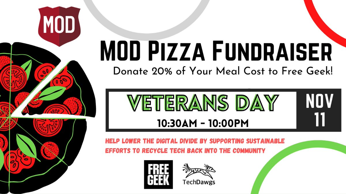 this #VeteransDay help Tech Dawgs’ cause for @freegeekmothership ! Order online using the promo code GR209069T or mention Tech Dawgs in store. RSVP here: grouprai.se/s209069 #groupraise #modpizza <a href="/SIUGetInvolved/">Student Engagement</a> <a href="/SPC_SIUC/">Student Programing Council</a> <a href="/ITEC_SIU/">ITEC at SIU</a> <a href="/cs_siuc/">SIU Computer Science</a> <a href="/SIUCEngineering/">SIUC Engineering</a>