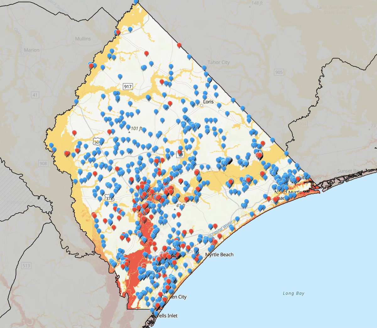 ClimateCost's tweet photo. How well does FEMA's flood Mappy describe risk? Check out our StoryMap and see how many flooded houses in Horry County are actually  outside of the high risk flood zone. 

 https://t.co/ASpmtU8sY6 https://t.co/LUBnY7fAUj