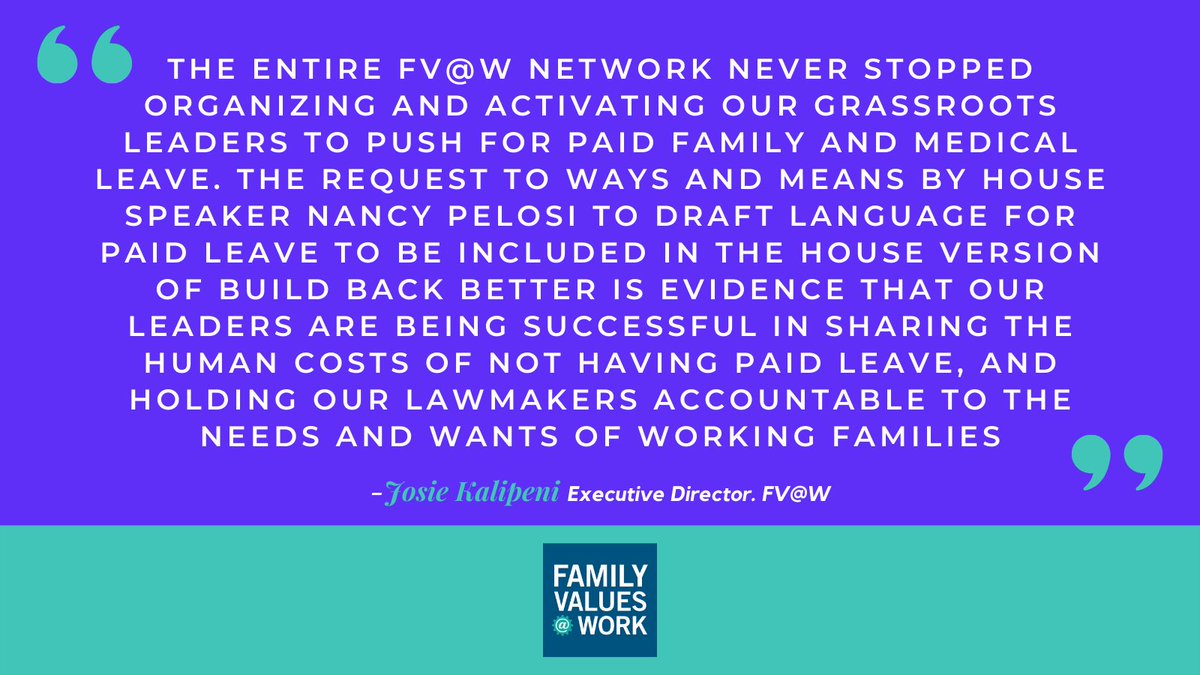 FmlyValuesWork's tweet photo. Congratulations to the family activists, members, and partners in the @fmlyvalueswork network for this important win: #PaidLeave is back in the #BuildBackBetter Act! Thanks to our champions in Congress for listening to the voices of workers/families calling for #PaidLeaveforAll https://t.co/AFpzaGBGCU