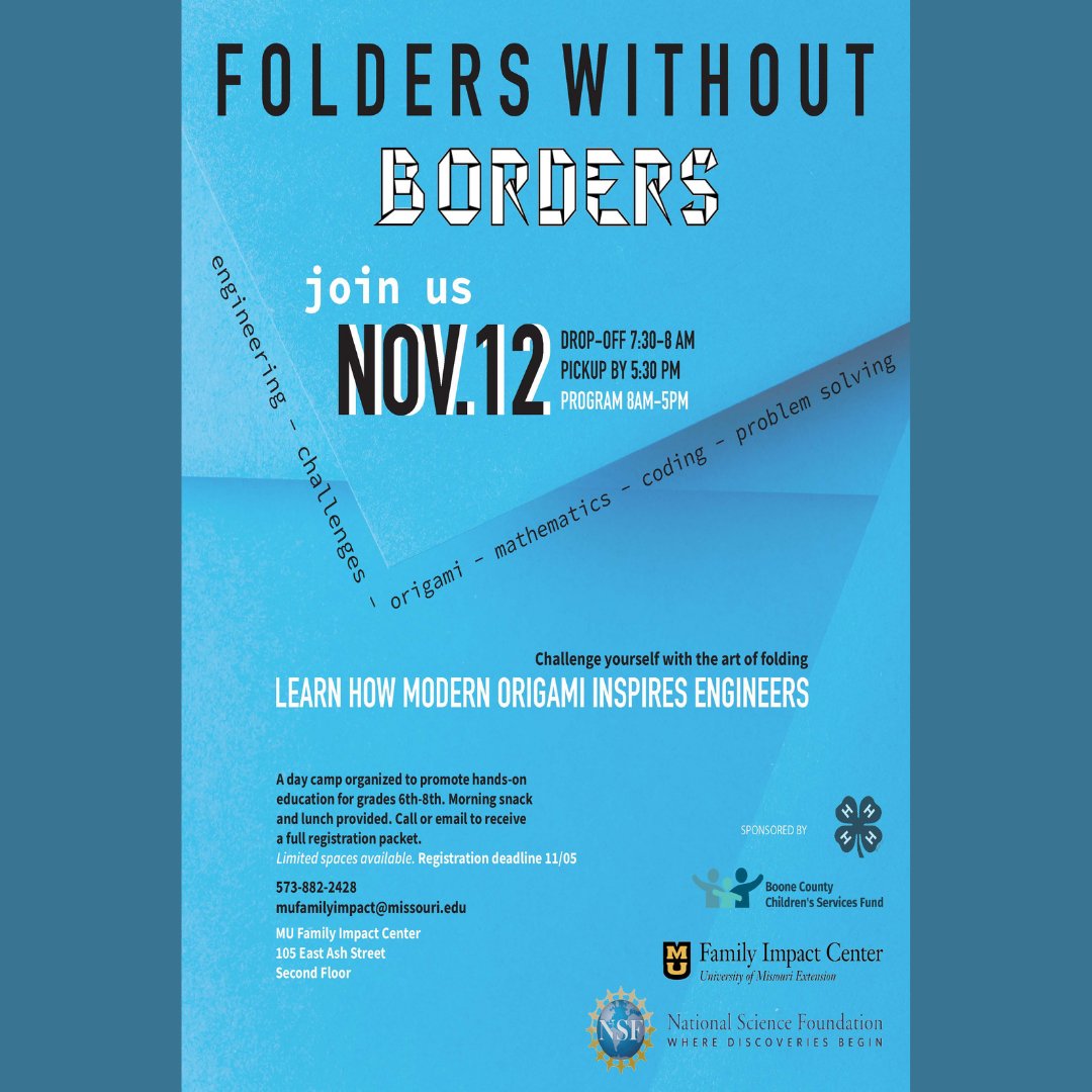 MUfamilyimpact's tweet photo. There's still time!! Register for the Folders Without Borders event today and learn how engineers are inspired by the art of origami!
#mufic, #MU4H, #muengineering, #ExtendMU, #Committed2MOFamilies, #ShowMeResilience https://t.co/YZevdkJbSL
