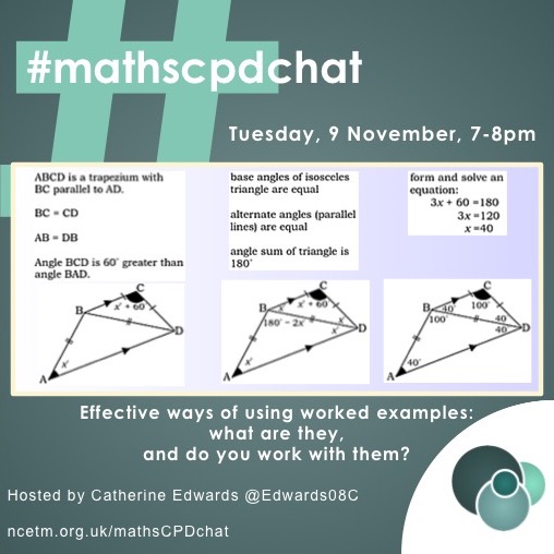 Do you use worked examples in your maths teaching?

Join next week's #mathsCPDchat host, Catherine Edwards, <a href="/Edwards08C/">Catherine Edwards</a>, on Tuesday at 7-8 pm to discuss various different ways of using them (that you might not have met)!

Share your experiences, ideas and links to resources!