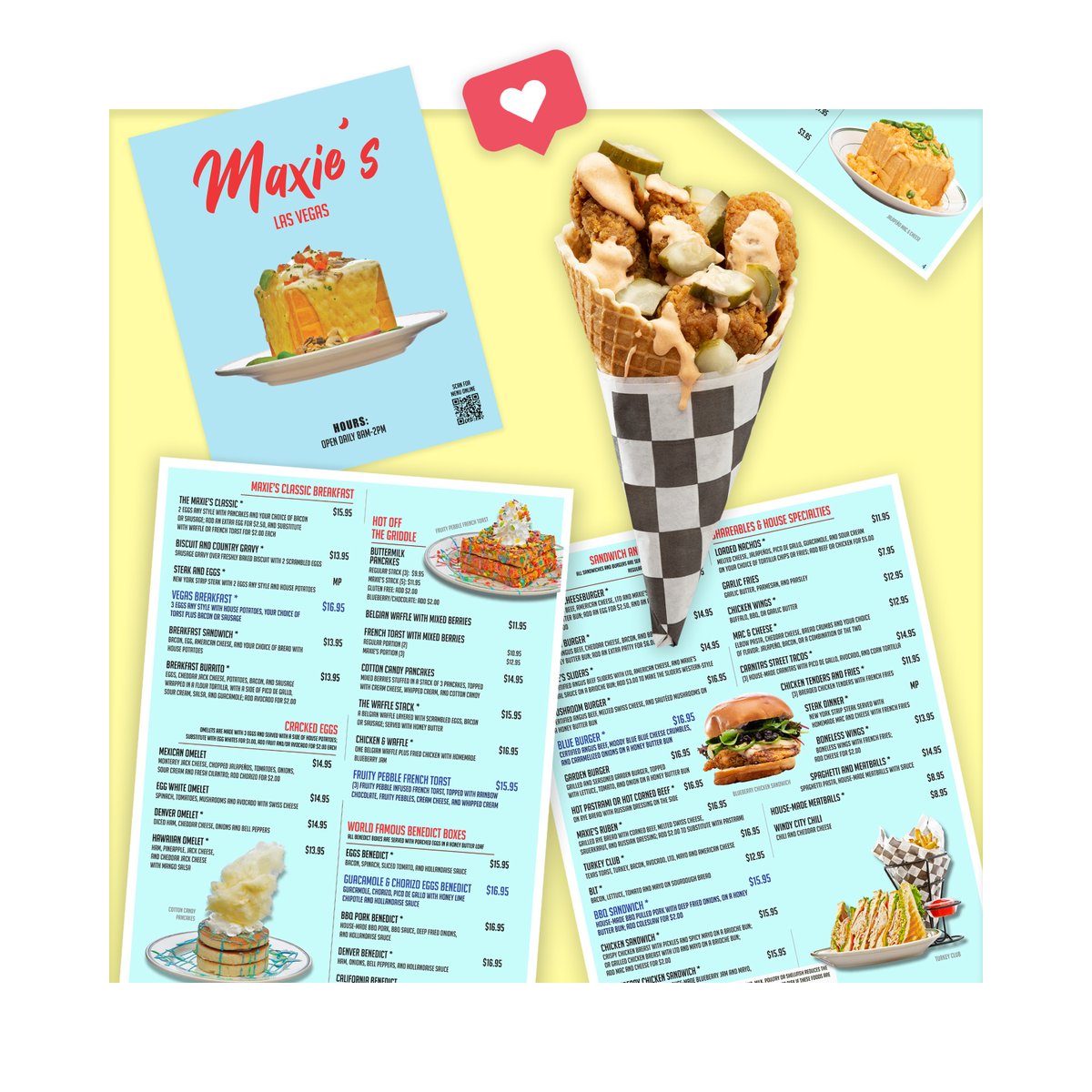 MaxiesLV's tweet photo. Our new menu is up! Head to https://t.co/x8c3Xf4Gvv to check out some of our delicious featured items! 😍😍😍

#MaxiesLV #maxieslasvegas #restaurant #lasvegasstrip #thelinq #foodie #yummy #lasvegas #chickenwaffle #wafflecones #friedchicken #chicken #design #graphicdesign #menu https://t.co/0K5Re3RhjT