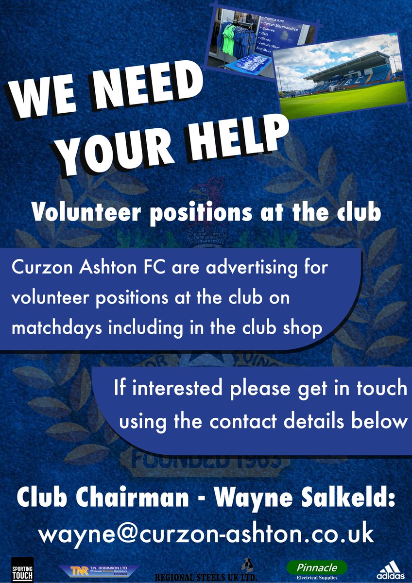 CurzonAshton's tweet photo. 🚨WE NEED YOUR HELP🚨
We are advertising for volunteer positions at the club, including running the club shop on a match day. If you're interested and want more information, please contact the email below:
wayne@curzon-ashton.co.uk
#UTN https://t.co/T38GtHWU3c
