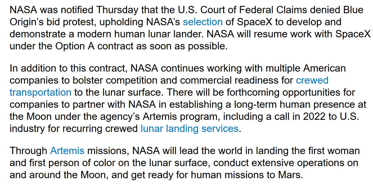 NASA statement on upholding the decision to select Starship as the vehicle that will return humans to the surface of the Moon.
