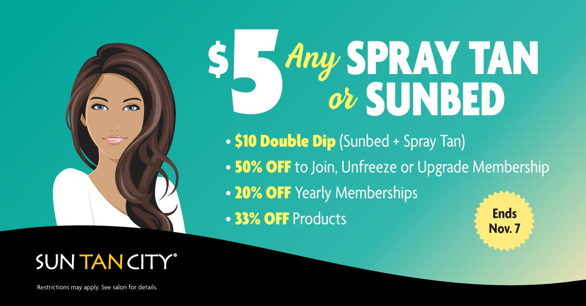 Get Any Sunbed or Spray Tan for only $5! Plus, combine offers for a $10 Double Dip for extra color! ✨ Offer Ends November 7th. Get Details: bit.ly/3bjtiVj