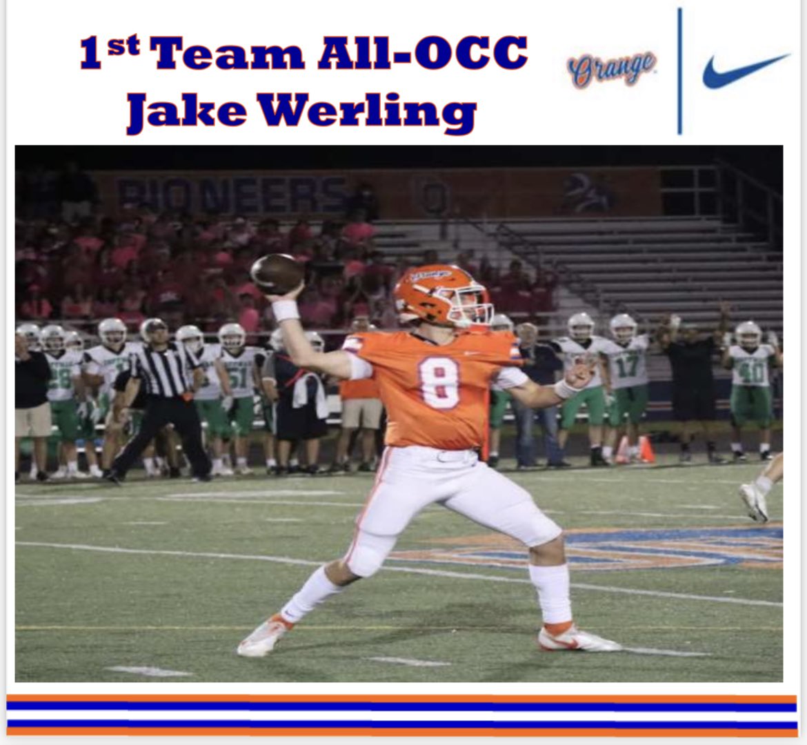zebb_schroeder's tweet photo. Congrats to our two 1st Team All-OCC players.  @Jake_Werling  who had an outstanding year of 1350 passing yards/over 900 rushing yds and 21 total TDs!  @luke_houston7 who led the team in tackles, TFLs and sacks, also named OCC Scholar-Athlete!  🍊Pride! https://t.co/qZ7iGSKSE2