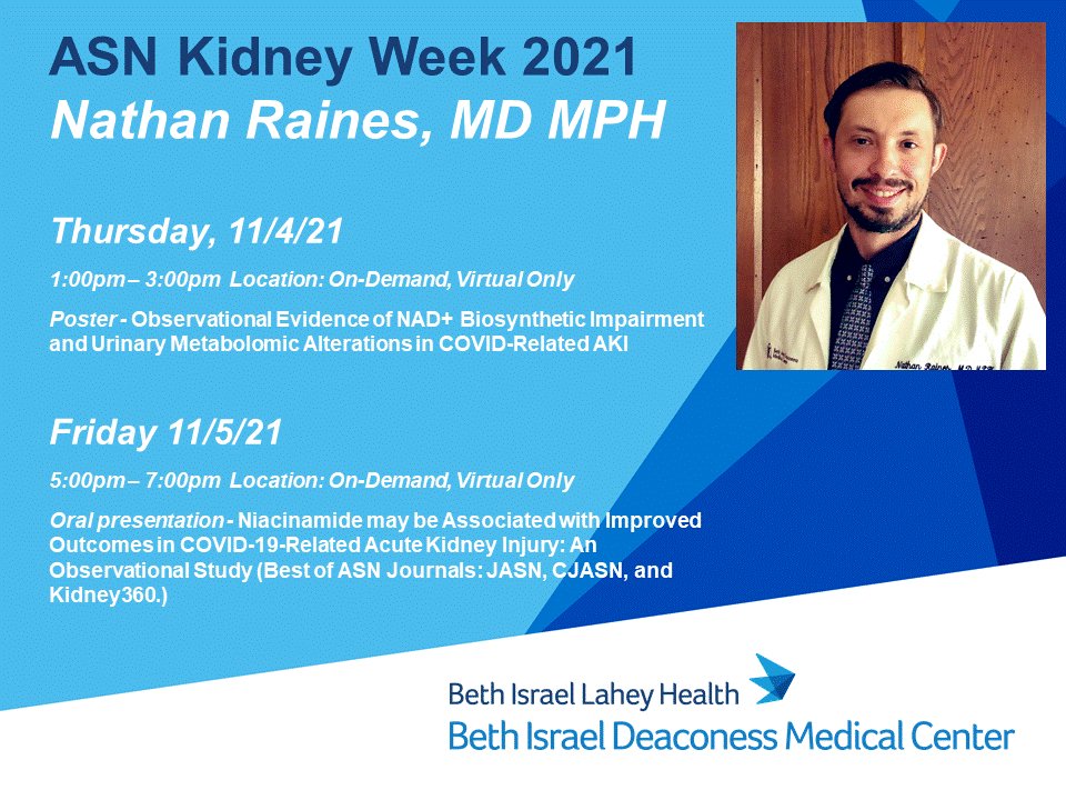 <a href="/NateRaines3/">Nate Raines</a> will be presenting his work <a href="/ASNKidney/">American Society of Nephrology</a> #KidneyWk, completed during the peak of the COVID19 pandemic, studying the effects of niacinamide on AKI from COVID.  Catch his poster AND oral presentation! Shout-out to <a href="/samirparikhmd/">Samir M. Parikh</a> (🖐️)
