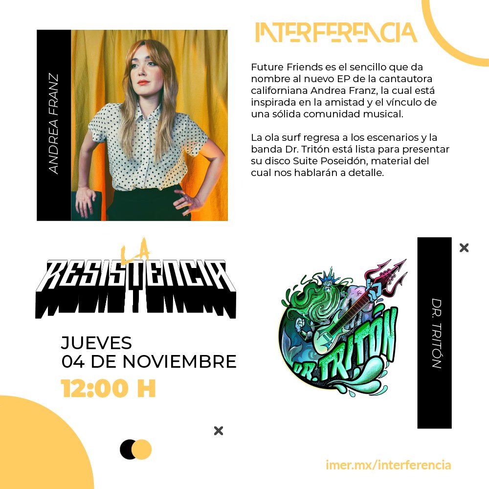 Hoy a partir de las 12 horas llegará a #LaResistencia <a href="/eldavid_mx/">DAVID</a> con  mucha música y las entrevistas  a <a href="/frau_franz/">Andrea Franz 🖤🎤</a> platicando de su reciente sencillo y <a href="/DrTriton/">Dr Tritón</a> los pondrá a bailar con su nuevo material. 🎙️🎶📻
👂imer.mx/interferencia 
📱App <a href="/imerhoy/">IMER</a> y @MxPlayTV 
🔁 21 hrs