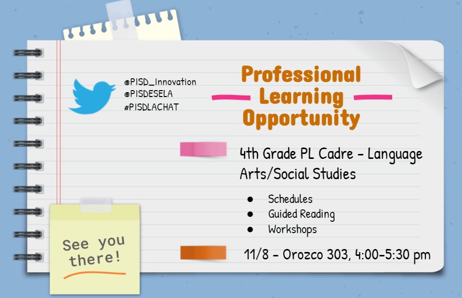kristen_gibson1's tweet photo. ๐๐
Save the date!
โพ 4th Grade - ELAR Cadre
โพ Diving into guided reading, scheduling, and workshops
โพ Register here >>> https://t.co/iJDejVw5PS
#PISDLACHAT https://t.co/BRbuuDUtvK