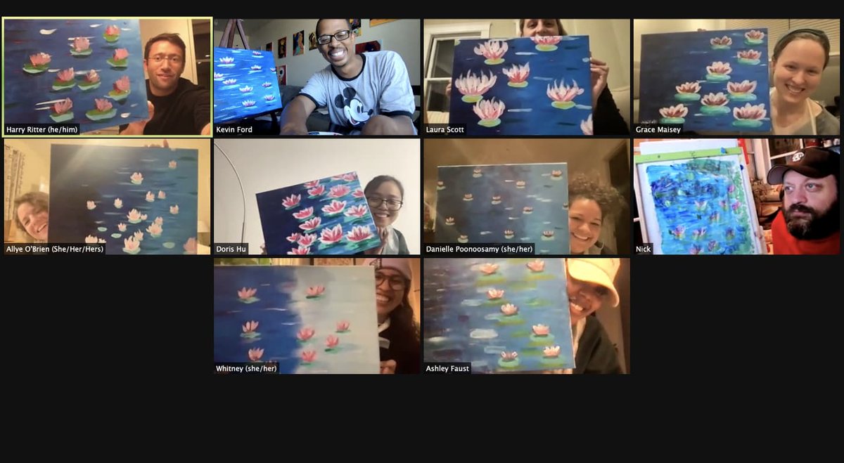 KEV707's tweet photo. I completed my first virtual paint night! This team building event was based in Brooklyn but I taught it in the bay area. It was a fun experience and their paintings came out NICE!!! #blackartist #virtualpaintnight https://t.co/V2qbEsWjvU