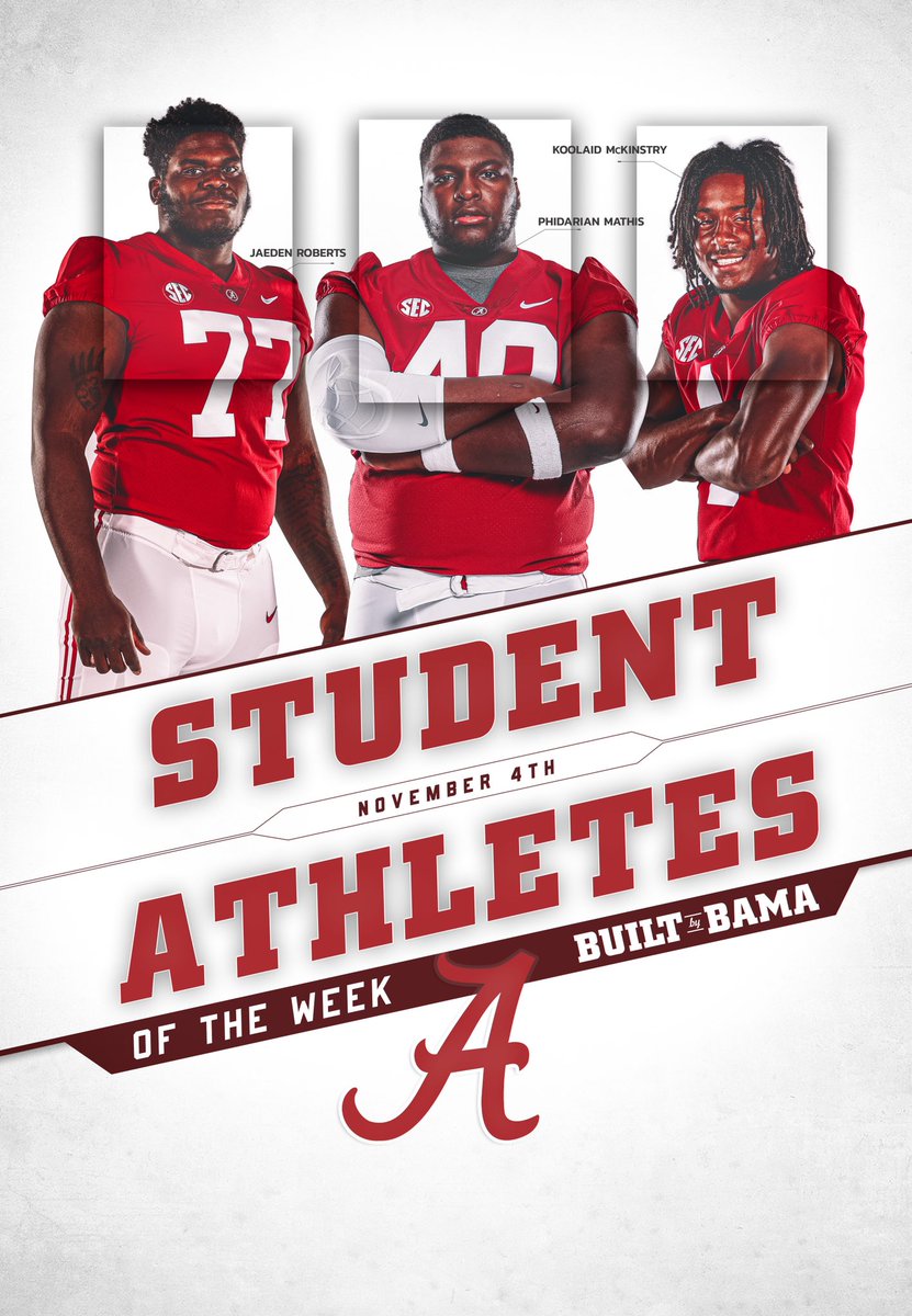 Student-Athletes of the Week! 📚🎓

<a href="/jaeden_kings/">Jaeden Roberts</a> 
@PhidarianMathis 
<a href="/GaQMcK1/">Kool-Aid “🎰” McKinstry</a> 

#BamaFactor #RollTide