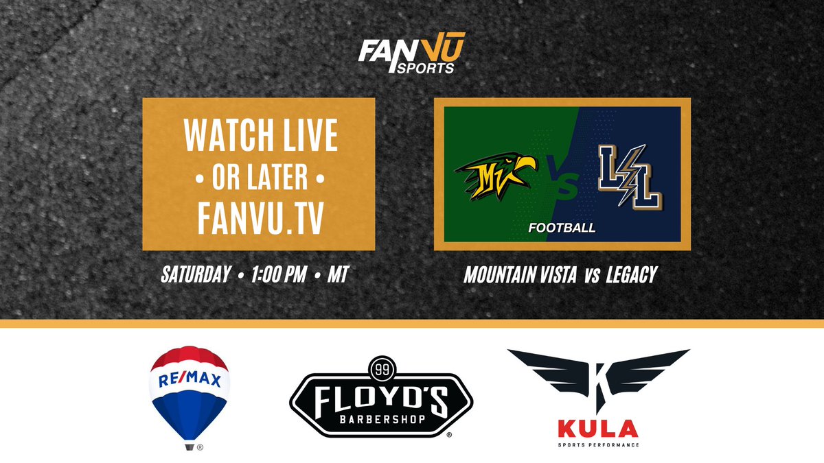 MOUNTAIN VISTA vs LEGACY | Saturday at 1:00 pm
▶️ buff.ly/3q3lTCe 🏈
No charge for live viewing. You can tweet compliments at the crew. 😎  #highlandsranch #broomfield #highschoolsports #copreps #playoffs <a href="/Floyds99/">Floyd's 99 Barbershop</a> <a href="/KulaPerformance/">Kula Sports Performance</a>