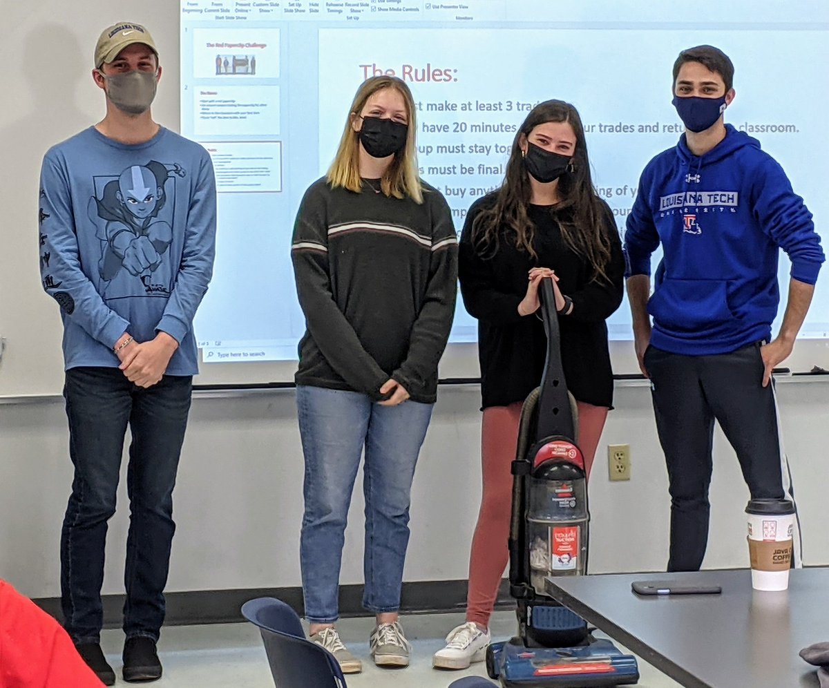 kristis's tweet photo. What did you do in your class today? Because these @LATech students used persuasive skills to trade a red paperclip for a workable vacuum cleaner! 
#RedPaperclipChallenge https://t.co/Ur3o6YddLq