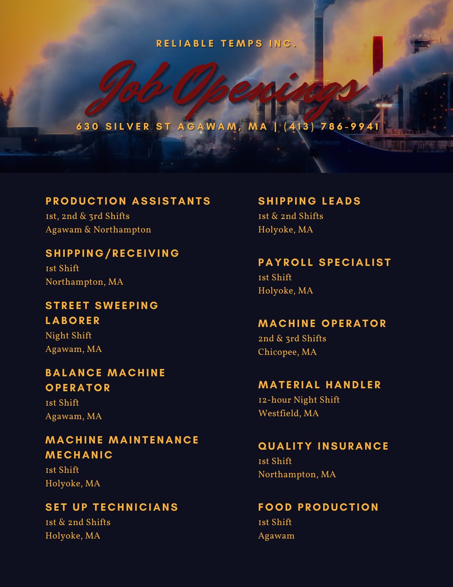 ReliableTemps's tweet image. Reliable Temps is #hiring ! Please call our Agawam office at 413-786-9941 for more information!