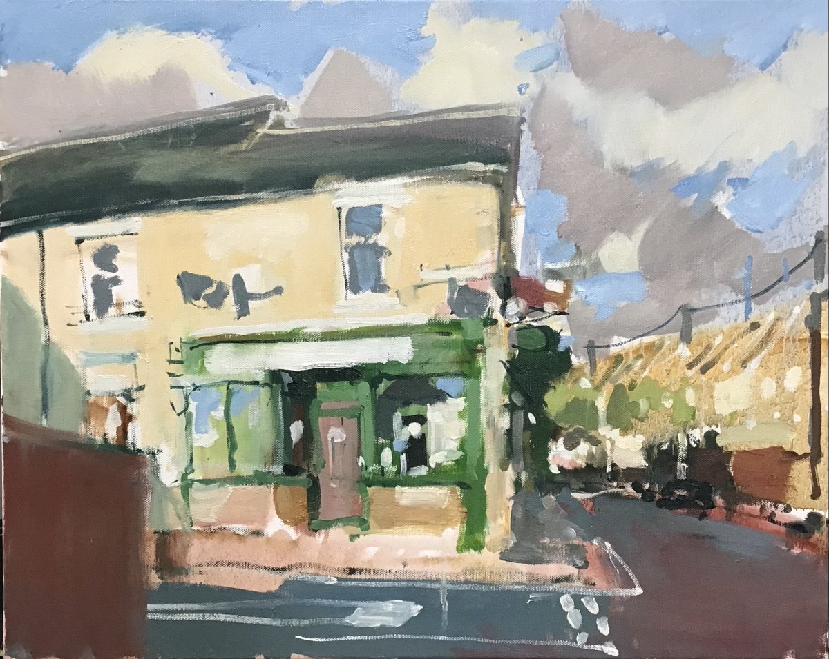 Chainsaw_McGinn's tweet photo. #WIP On the easel tonight: Our Post Office at the bottom of our street; first session in, trying to catch that evening light, with more planned. It's be changing locations in the coming weeks, so it's time to crack on. #pleinair #urbanlandscape #oiloncanvas #localpostoffice https://t.co/aHgk2eCiFR