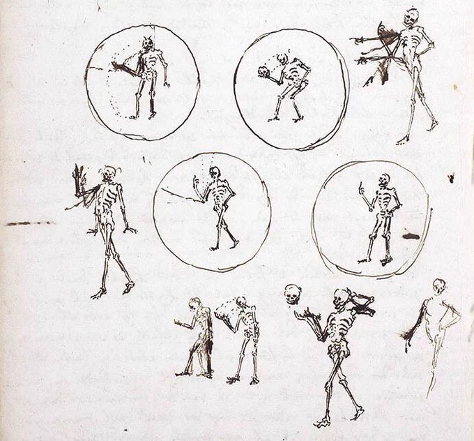 Looking for images to post, I was fascinated to find these sketches by 17th-century Dutch inventor Christiaan Huygens (intended for an early version of the magic lantern) of Death removing his skull and putting it back on again. 