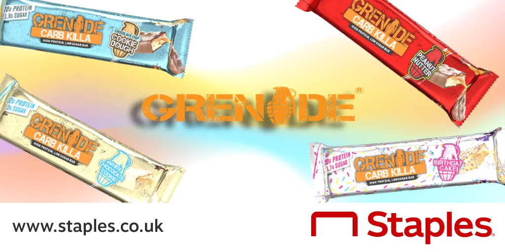 StaplesUK's tweet photo. NOW IN STOCKβ¦ Grenade Carb Killa Protein Bars #GrenadeBars π€€π₯
Incl. 4 tasty flavours π
Grenade Carb Killa White Chocolate Cookie
Grenade Carb Killa Peanut Nutter
Grenade Carb Killa Choc Chip Cookie Dough
Grenade Carb Killa Birthday Cake
SHOP π: https://t.co/1tspWALHnb https://t.co/oaKnGAAHD9