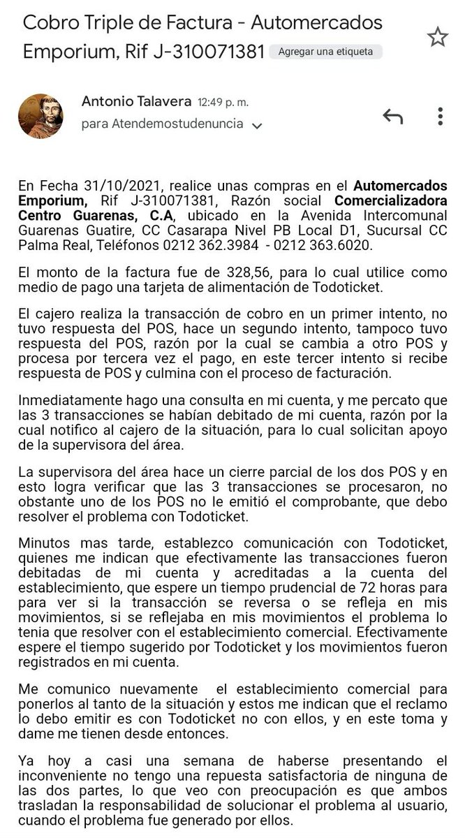 josearcadiot's tweet photo. @Emporium_Vzla @sundde_ve @SudebanVzla @Todoticketvzla @MueveteGuarenas Se procede con la denuncia formal del caso ante el Sundde, una vez transcurrido 5 días desde el evento sin ninguna respuesta por parte de las partes. https://t.co/4mU0jWVHqL