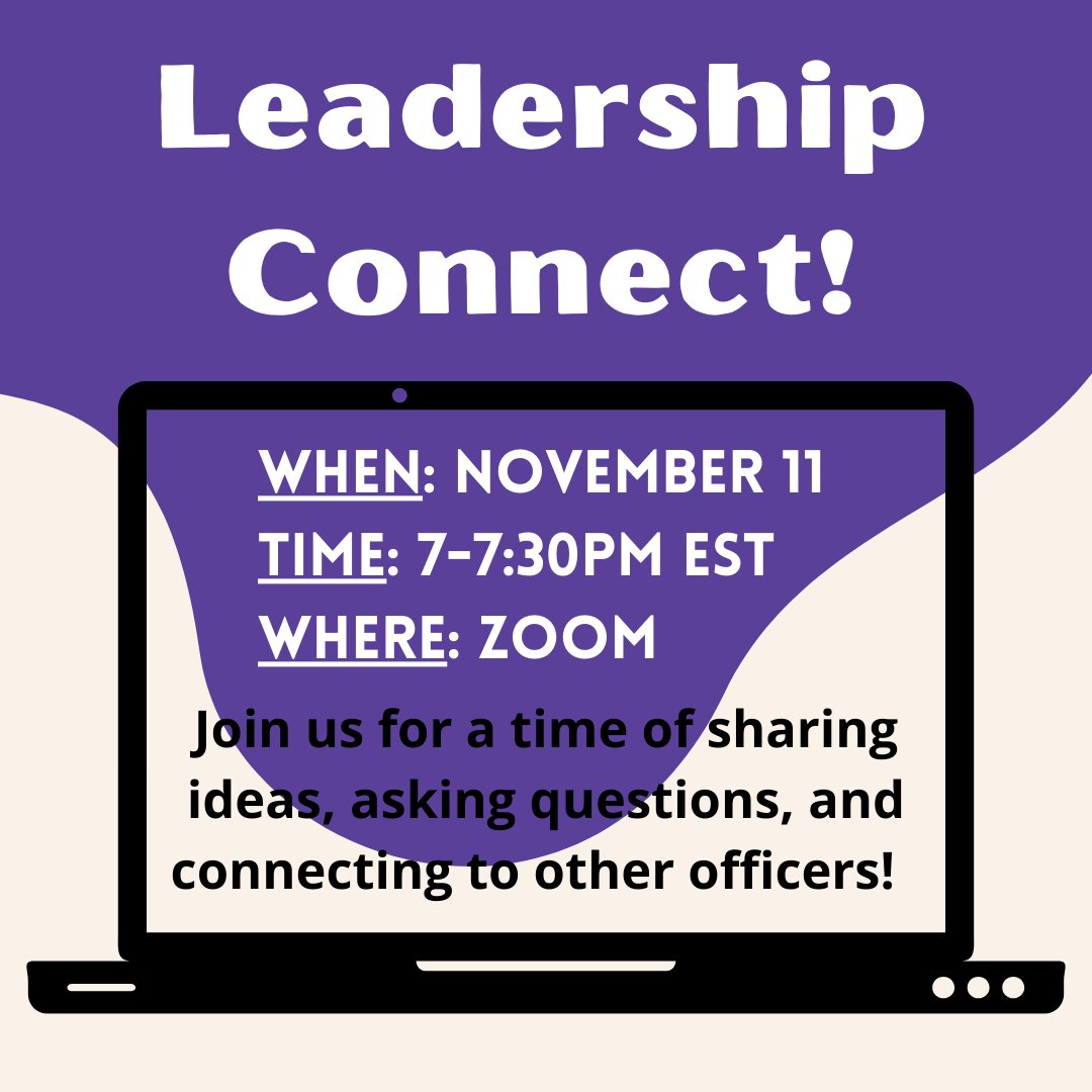 Chapter Officers, mark your calendars for next Thursday the 11th to join us for our monthly Leadership Connect Zoom Meeting! This is a time for chapter officers to meet and share ideas, ask questions, and connect to other schools. Keep an eye on your email for the link!