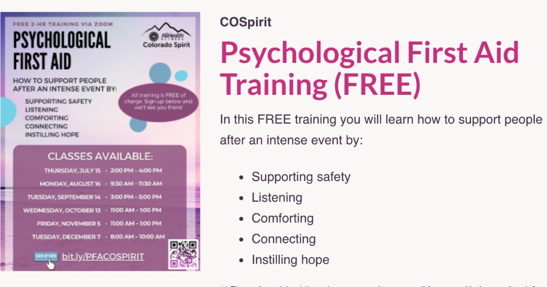 dcsdk12's tweet photo. AllHealth Network Colorado Spirit Program invites you to sign up for a FREE 2-hour Psychological First Aid Training.  Attendees will learn how to: 
1) Support safety
2) Listen
3) Comfort
4) Connect
5) Instill hope

All sessions are remote.
Learn more here: https://t.co/naidYV1Dpr https://t.co/D2z0Geo8Y9