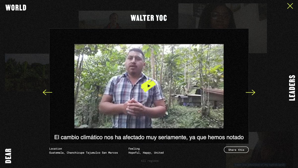 PNUDGuatemala's tweet photo. La #CrisisClimatica es real, y tenemos que actuar con rapidez y tomar decisiones valientes🌎
Walter de Chanchicupe Tajumulco, San Marcos comparte su mensaje para los líderes mundiales reunidos en #COP26.
Míralo aquí https://t.co/D7RvKBV7Oj #dearworldleaders #thisishappeningnow https://t.co/PozkK0hkFG
