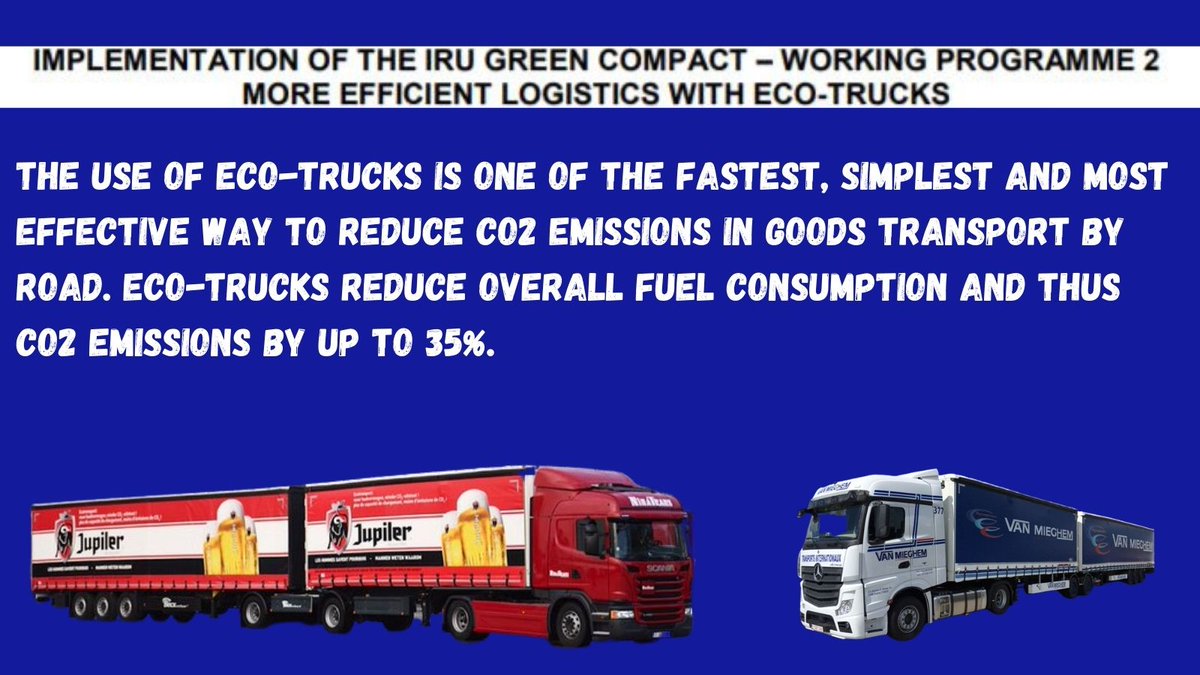 PhilippeDegraef's tweet photo. #Febetra supports the @the_IRU position. The use of Eco-trucks is one of the fastest, simplest and most effective way to reduce CO2 emissions in goods transport by road. Eco-trucks reduce overall fuel comsumption, and thus CO2 emissions by up to 35%. #IRUmeetings https://t.co/PuxQX84h3G