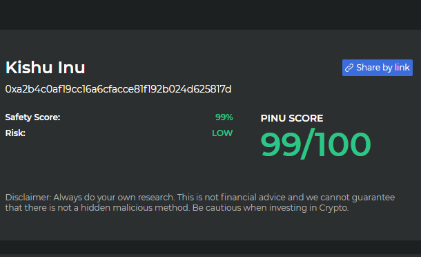 PinuScanner's tweet photo. Amazing @InuKishu !🚀
$KISHU #KISHU scored 99/100 on the Crypto Coin Scanner!

Is it the next $DOGE $SHIB $VRA $SMI

CCS is powered by @InuPirate $PINU looking for malicious functions &amp; dangerous code that could affect your investment. DYOR

Learn more at https://t.co/CLNdr7ybTZ https://t.co/ONcqEEQYkY