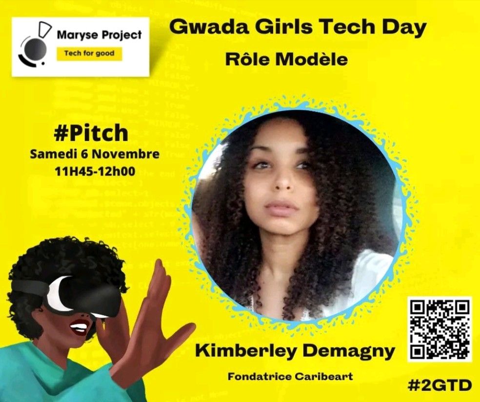MaryseProject's tweet photo. 🎯J - 2 avant le Gwada Girls Tech Day #2GTD 🔥
@demagny_kim Fondatrice du Caribeart un média en ligne qui fait l'agenda d'événements artistiques dans le bassin Caribéen nous fera l'honneur d'intervenir et de nous partager son amour pour l'art et ses compétences numériques !🔥 https://t.co/wX9iWzlf7x