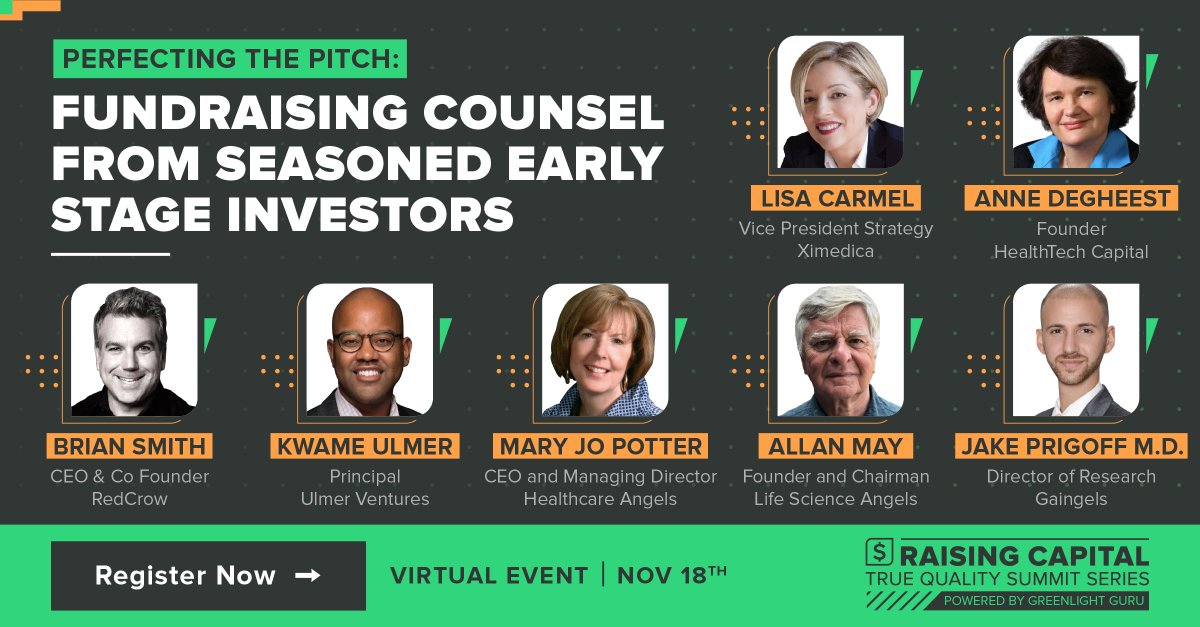 n November 18 at 10am PT, Join me for a FREE webinar on fundraising from early stage investors:
capital.greenlight.guru/?ac=UKOdn6GS
 The day-long event is designed to help early-stage medical device, MedTech, and digital health company leaders
#digitalhealth #medtech #fundraising