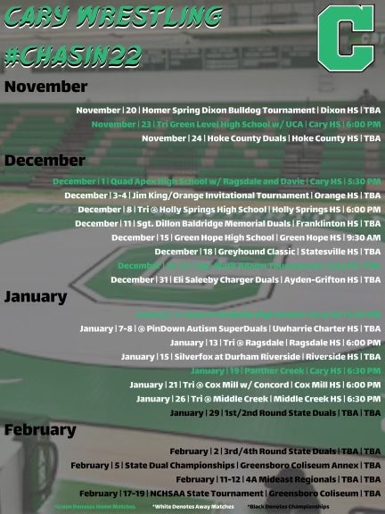 CaryWrestling's tweet photo. The 2021-2022 schedule is here! #CaryPride #ForksUp #Chasin22 https://t.co/LXBAgWLois