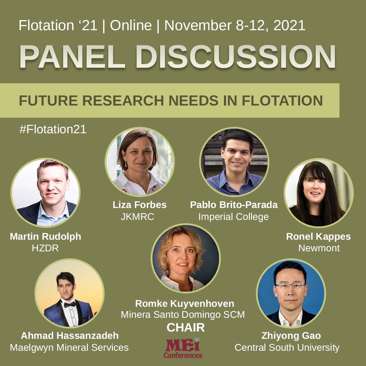 MEI_Conferences's tweet photo. With #Flotation21 only 4 days away, let us remind you of our fantastic Panel Discussion - "Future Research Needs in Flotation" - taking place next Monday
https://t.co/gw5jq4gTqU
#mining #frothflotation #flotation #mineralprocessing #extractivemetallurgy #miningchemicals https://t.co/RPZeY3XgYf