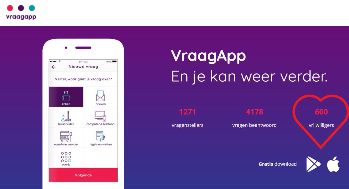 vraagapp's tweet photo. Zojuist floepte onze teller naar 6️⃣0️⃣0️⃣ vrijwilligers! Allemaal vrijwilligers die vragen beantwoorden van mensen die de maatschappij een beetje ingewikkeld vinden.
Ben jij er een van? Dan is deze voor jou: 💋. Ook vrijwilliger worden? https://t.co/mFQpG4DwZ1  
🔴 🟣 🟢 https://t.co/gzd7fBYsrp