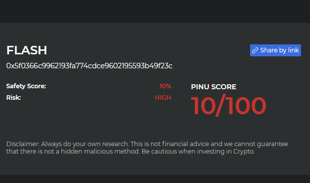 PinuScanner's tweet photo. Warning!🚨
$FLASH #FLASH scored 10/100 on the Crypto Coin Scanner!

Probably not the next $SAMO $HOGE $JASMY 

CCS is powered by @InuPirate $PINU looking for malicious functions &amp; dangerous code that could affect your investment.  DYOR

Learn more at https://t.co/CLNdr7PMLx https://t.co/0v8dphE0IZ