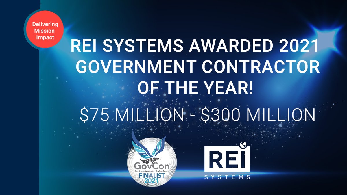 REI_Systems's tweet photo. We are thrilled to announce that REI Systems was awarded the Northern Virginia Chamber of Commerce Annual Greater Washington GovCon Contractor of the Year $75 Million - $300 Million. 

#GovCon2021 #GovConAwards #REIsystemsLIFE #REIsystemsCAREERS https://t.co/8QkFMrfaeV