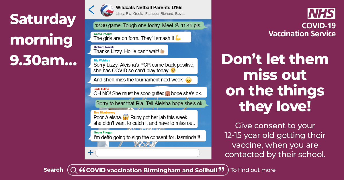 12-15 year olds are now eligible to receive the COVID-19 vaccine.

🏐 Don’t let them miss out on the things they love!
 
🏫 Give consent to your 12-15 year old getting their vaccine, when you are contacted by their school.
 
➡️ Learn more here: bit.ly/30eFOTV
