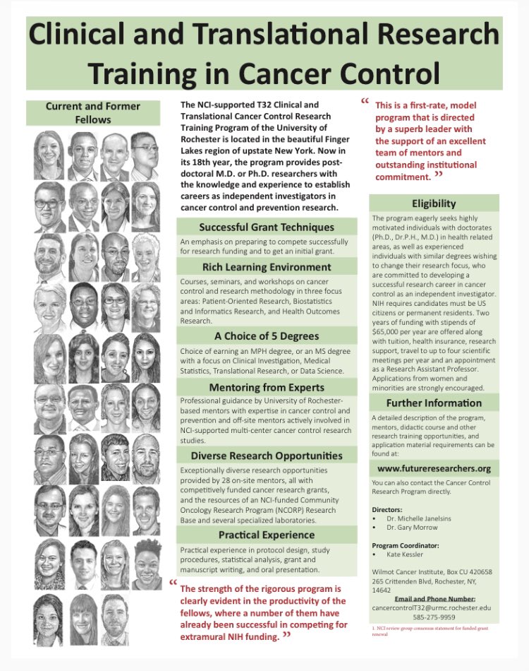 Outstanding training in Cancer Control - @URochesterSurg @WilmotCancer postdoctoral T32! Learn skills in trials, aging, exercise, health equity, statistics, translational science and more! Design a pilot! Prepare a k application! Outstanding mentors! futureresearchers.org