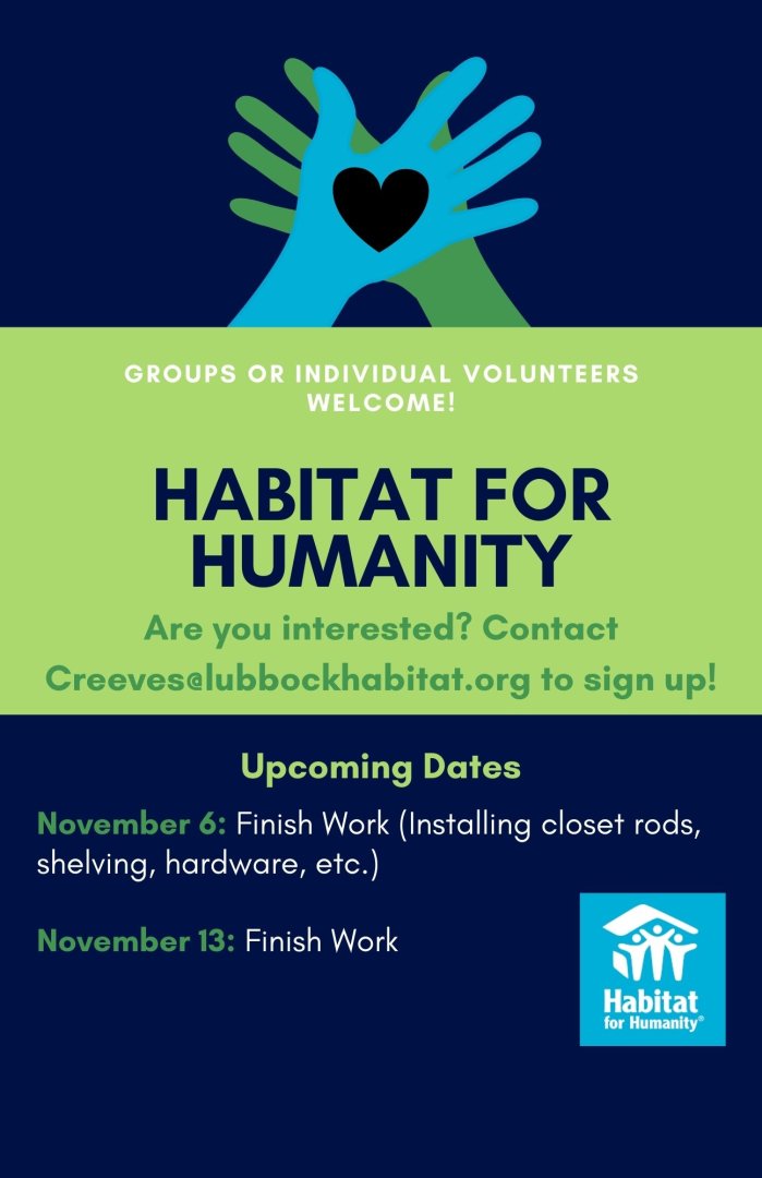 getinvolvedTTU's tweet photo. In 2 days Habitat for Humanity will be hosting their second to last volunteer event of this series! Come out on November 6 to help finish installing closet rods, shelving, hardware, and more. 
Email Creeves@lubbockhabitat.org to volunteer! https://t.co/gK2figrv6j