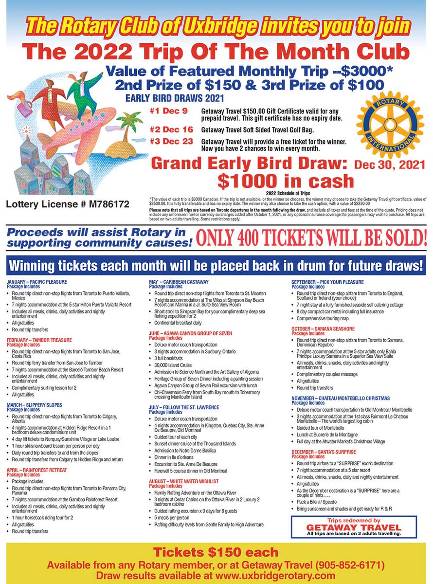 It's time for our annual Trip of the Month Club ticket sales! If interested, please contact us here or through our website.